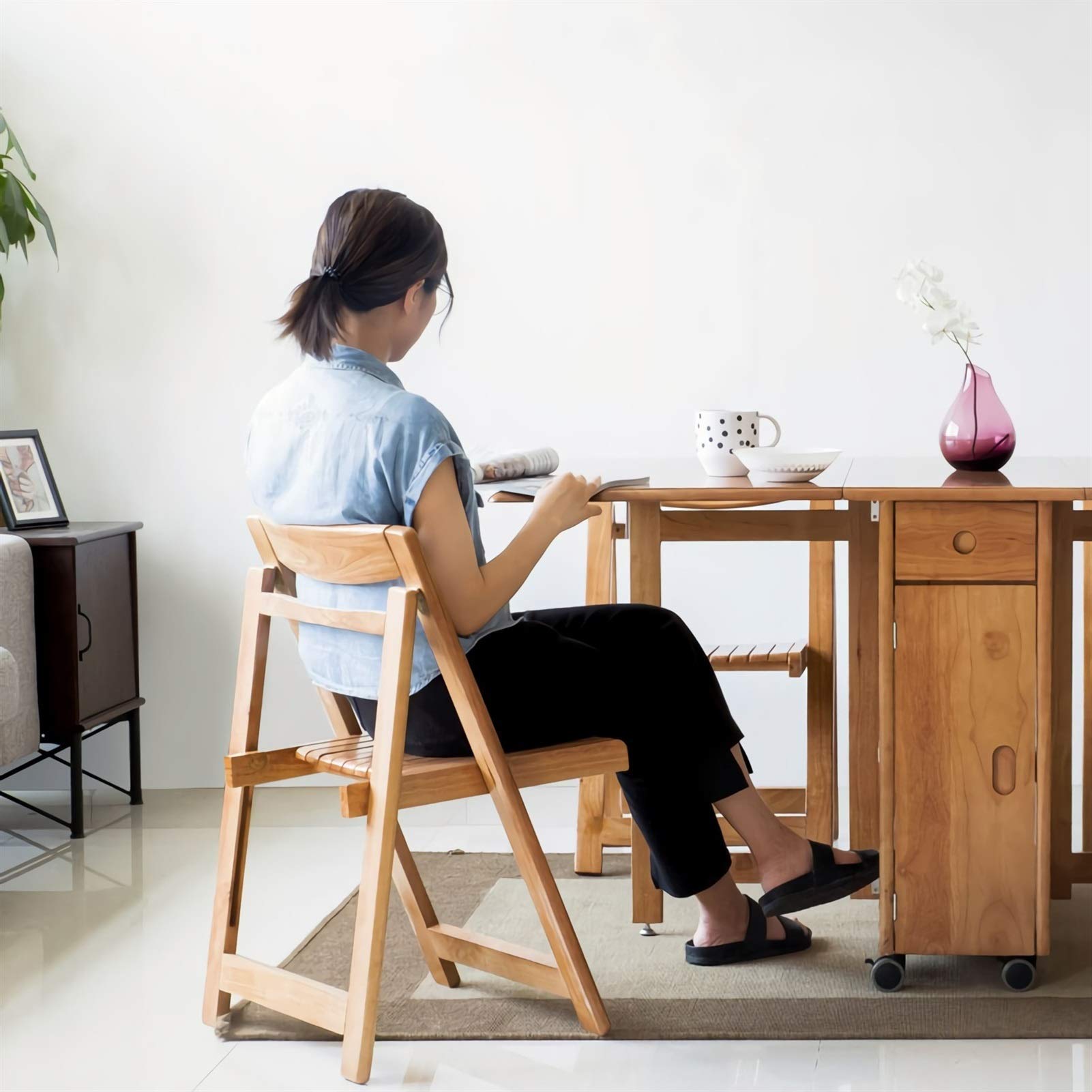 組み立てなしゴム製木製折りたたみ式ダイニングテーブル、5ピースダイニングテーブルセットキッチンパブテーブル、椅子4脚、引き出し